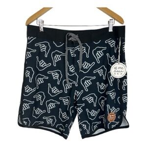 Of One Sea Sz 34 Boardshorts Retro Shaka Black Stretch NWT